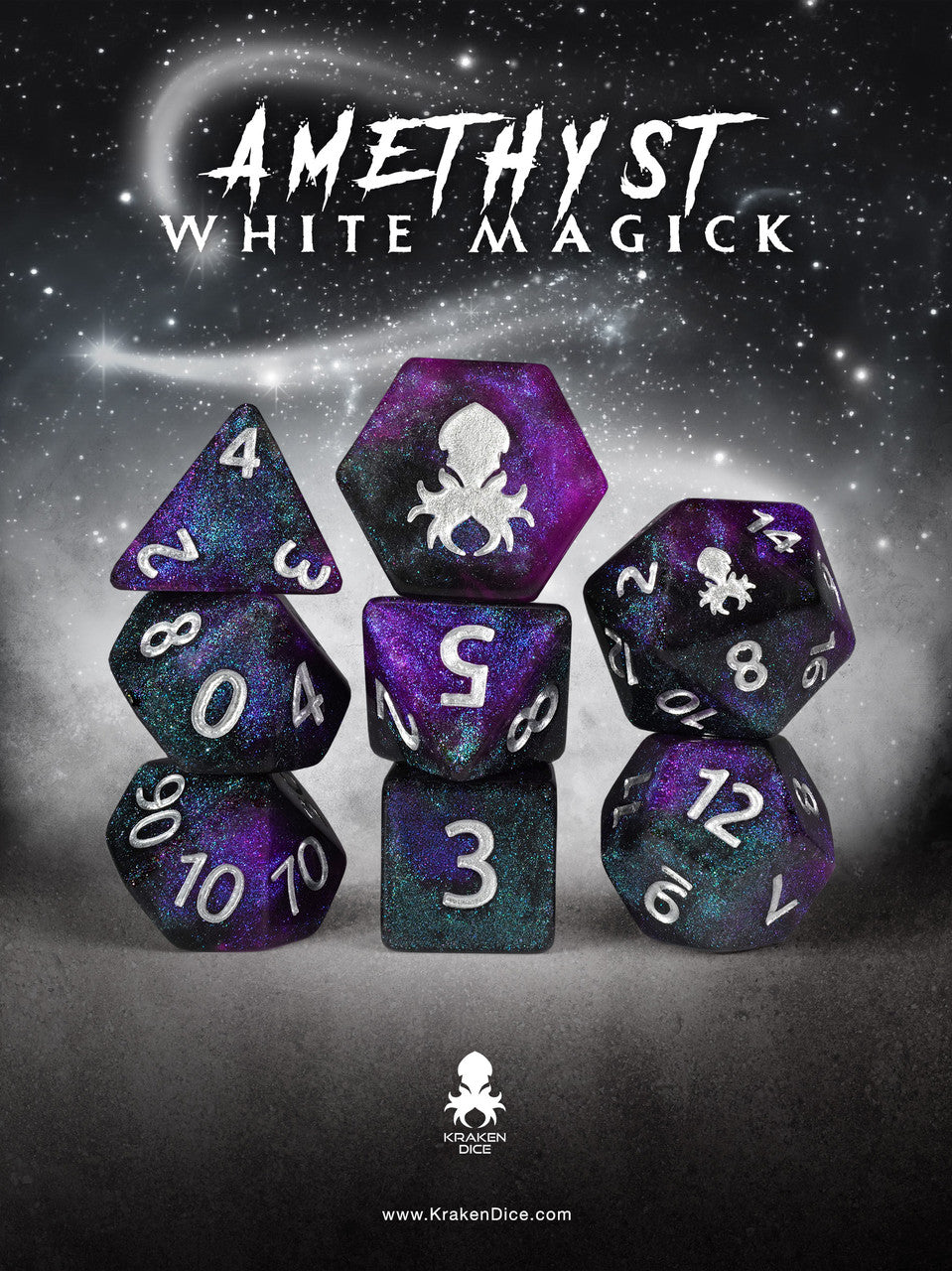 Amethyst White Magick 8pc Dice Set inked in Silver